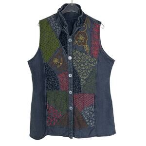 Parsley & Sage Embroidered Button Front Reversible Vest Size Large Boho Artsy